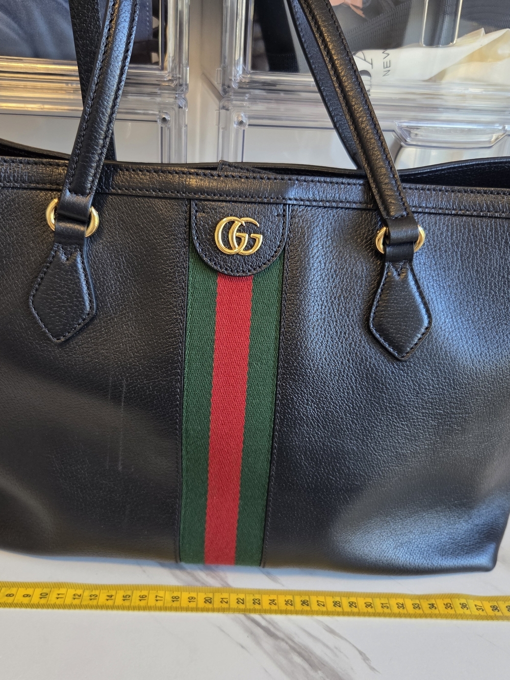 Gucci Web Stripe Tote Leather Tote Black